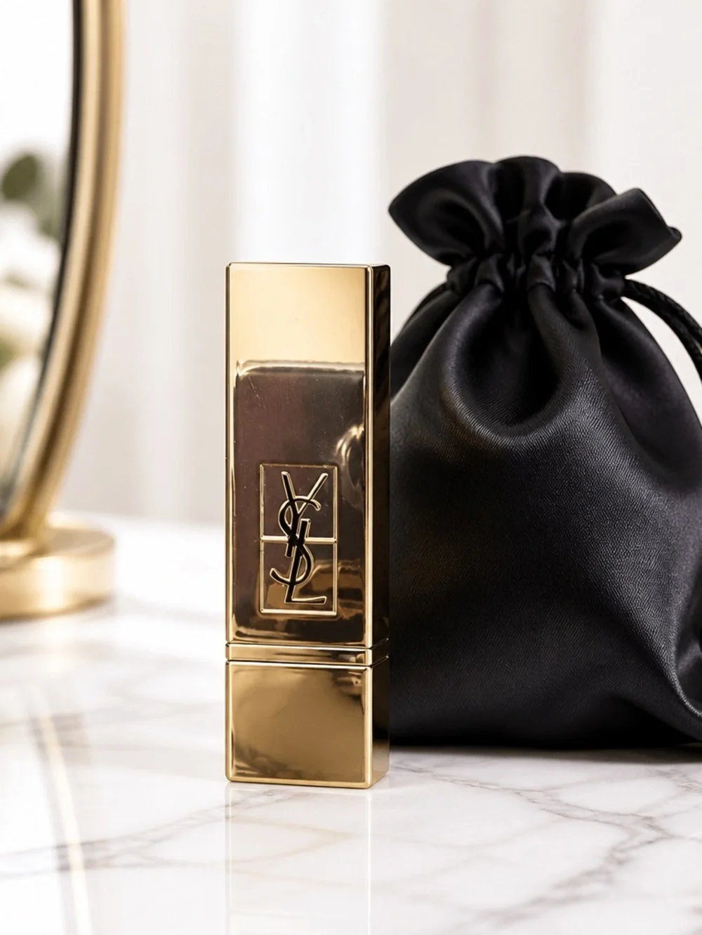 Yves Saint Laurent Red Lipstick mini and drawstring bag- Sleek Gold Finish